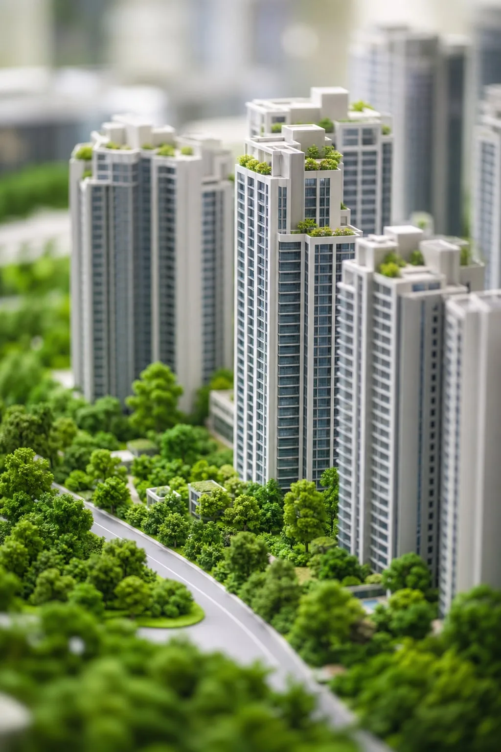 Yeşil dokuyla iç içe geçmiş modern konut kulelerinin maketi